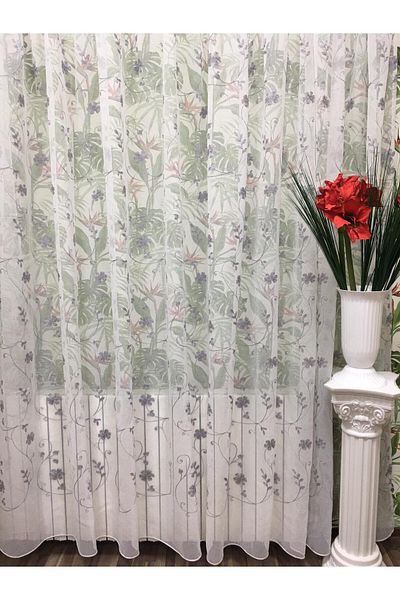 Liz Line Perdea alba cu flori gri, din in, colectia "Inna" by Liz Line, 600x245cm, cu rejansa - RD1486
