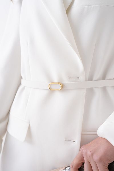 barış sülün lovebox Women's White Thin Faux Leather Belt with Oval Buckle Modern Design 7500