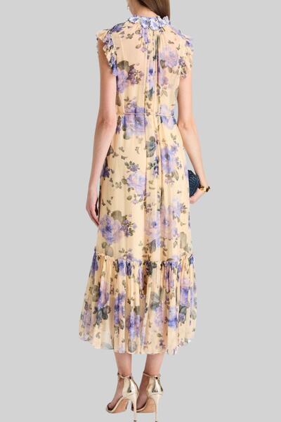 Zimmermann Kadın Fırfırlı Çiçek Desenli Krep Midi Elbise Krem