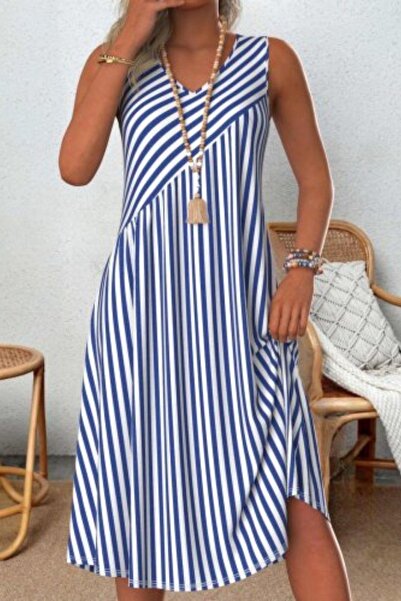 Mossta V-Neck Relaxed Cut Striped Viscose Dress Blue