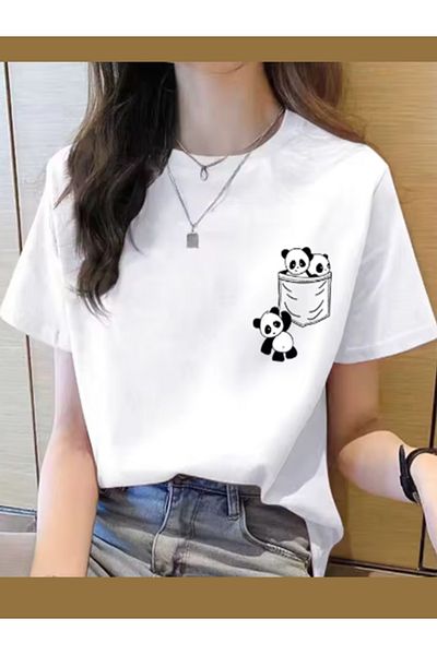 Mythologie Μπλουζάκι τσέπης White Panda - Κοντό μανίκι με στάμπα Oversize Crew Neck