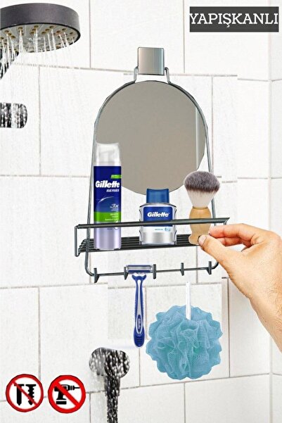 Genel Markalar Dekoratif Yapıştırmalı Aynalı Banyo Askısı, Duşakabin Raflı Kr...