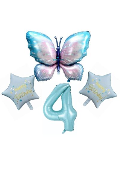 parti sürprizi Happy Birthday 4 Years Old Foil Balloon Set with Blue Butterfly
