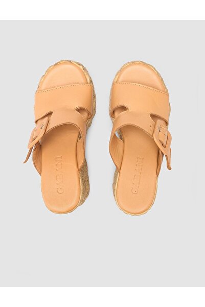 Cabani 100% Genuine Leather Tan Wedge Heel Women's Slippers