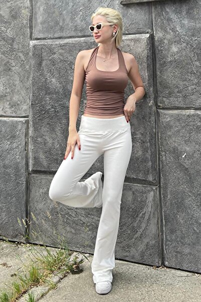 Madmext Ekru Beli Fitilli Yüksek Bel İspanyol Paça Pantolon MG2096