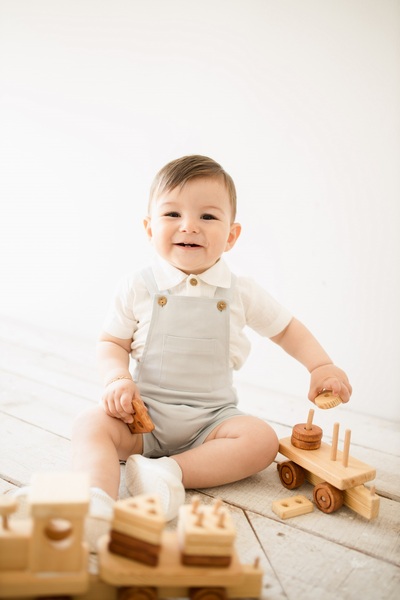 Kuarks Yazlık Erkek Bebek Tulum Takımı Keten Gömlek Body Ve Kanvas Şort Tulum 0-12 Ay