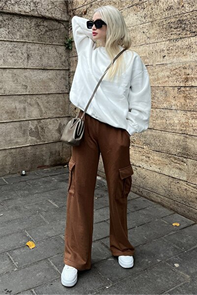 Madmext Γυναικείο φούτερ με φαρδιά πόδι Cargo, καφέ Mg1615