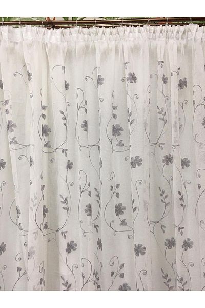 Liz Line Perdea alba cu flori gri, din in, colectia "Inna" by Liz Line, 600x245cm, cu rejansa - RD1486