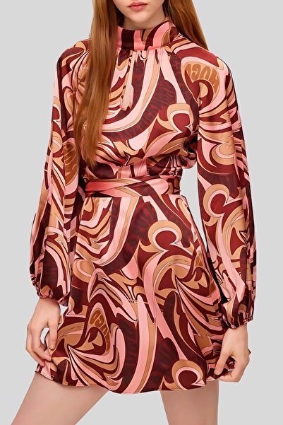 HUGO Dik Yaka Kemerli Kadın Mini Elbise Çok Renkli