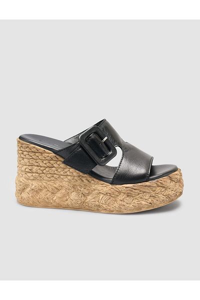 Cabani 100% Genuine Leather Black Wedge Heel Women's Slippers