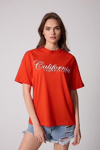 AMİDA Women's Red Oversize T-Shirt California Printed - 2517