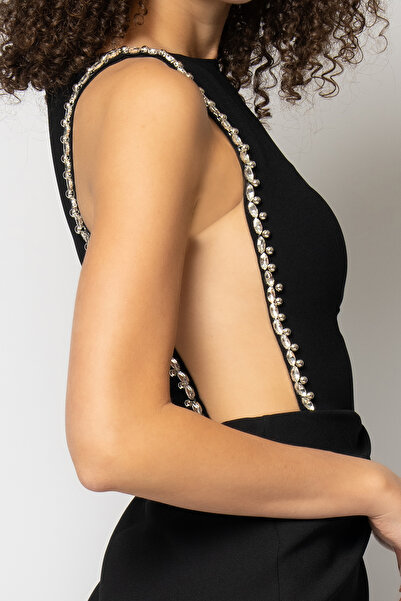 RENGIN Kol altı tül dekolteli sıra taşlı krep abiye elbise