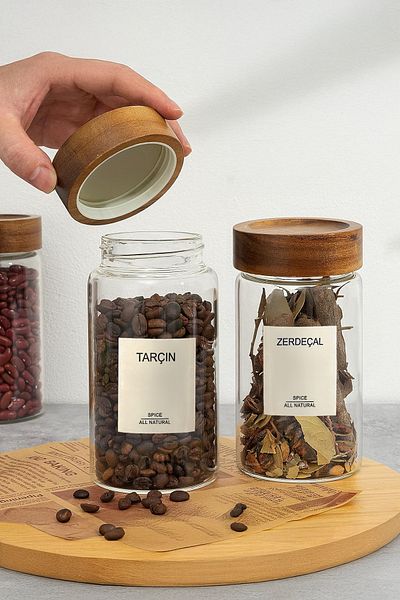 Kitchen Life Acassia 6-Piece Acacia Lid Borosilicate Glass Spice Rack Set / 56 Tags Gift / 300ml