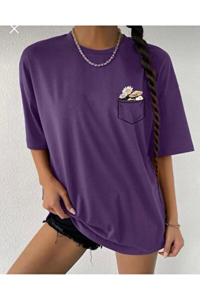 stg spor toptan giyim Women's Purple Pocket Flower Printed Oversize Tshirt