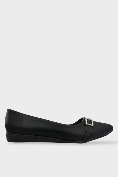 Liger Women's Buckle Detail Pointed Toe Ballerina Shoes Black