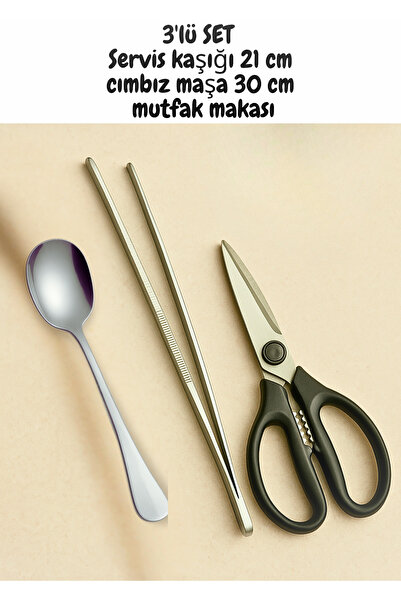 BRE HOME 3’lü Paslanmaz Çelik Mutfak Seti – Cımbız + Mutfak Makası + Servis K...