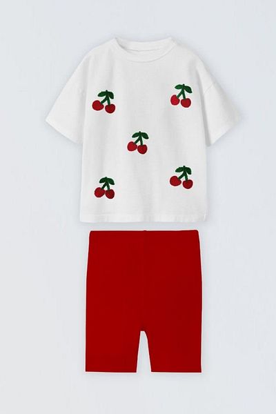 Monila Girl's Cotton Fabric Cherry Embroidery Applique Tshirt and Leggings Bottom Top Set