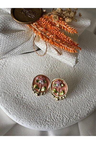 H&S AKSESUAR Vintage Renkli Çiçekli Gold İnci Detaylı Küpe