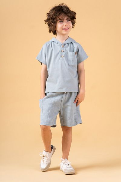 Minipodyum Boy's Hooded Muslin Shorts Summer Double Set