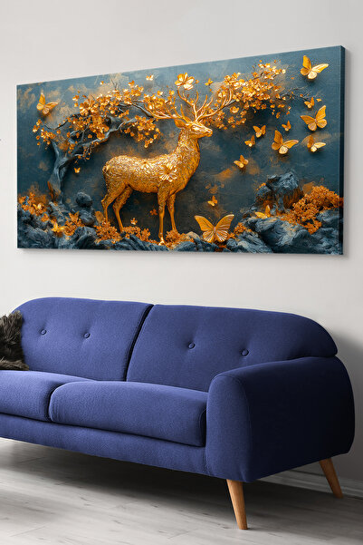 Evinemoda Gold Deer Gold Flowers One Piece Canvas - Canvas Painting