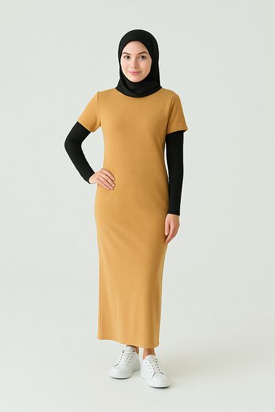 mirach Κεχριμπάρι κοντομάνικο φόρεμα Maxi - Crew Neck, Knitwear Abaya Ferace