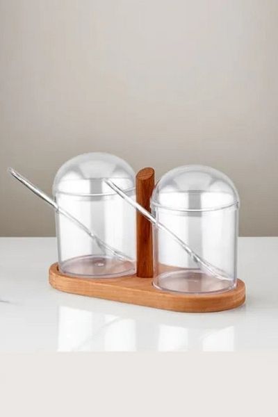 Espas Home 2-Piece Spice Jar Set with Spoon and Transparent Lid and Wooden Stand
