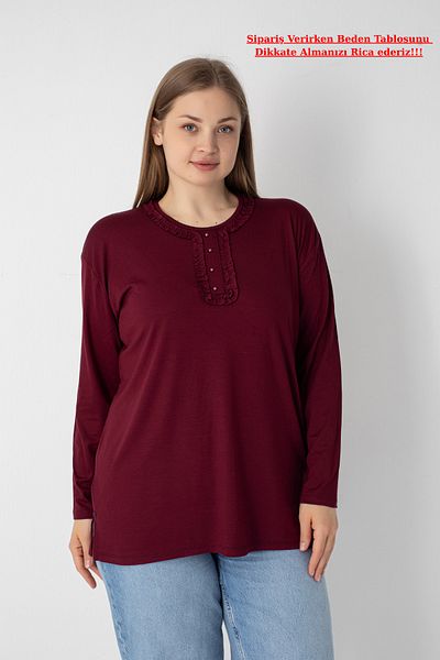 Orly More Viscose Fabric Mini Slit Plus Size Long Sleeve Mother Combed Cotton Blouse with Collar and Button Detail