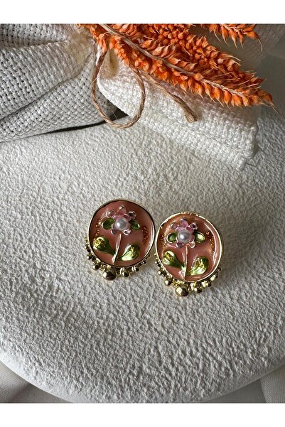 H&S AKSESUAR Vintage Renkli Çiçekli Gold İnci Detaylı Küpe