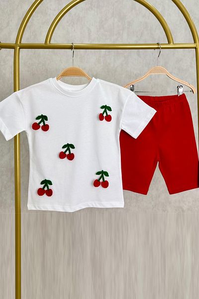 Monila Girl's Cotton Fabric Cherry Embroidery Applique Tshirt and Leggings Bottom Top Set