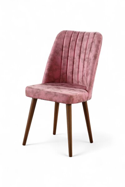 MYMASSA Polo Sandalye - Milas Pembe Kumaş - Ahşap Ceviz Ayak - Mutfak Sandalyesi - Salon Sandalyesi