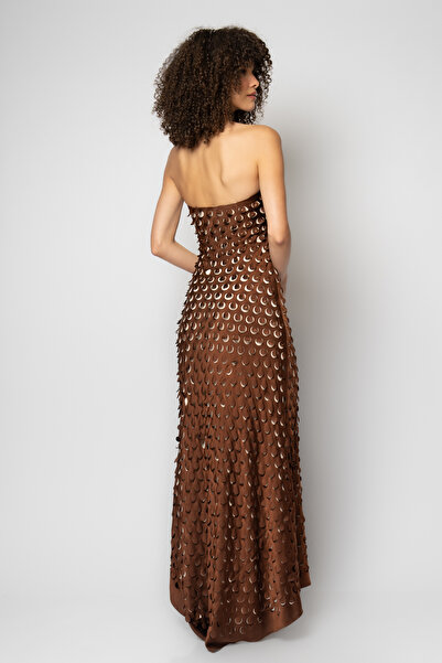 RENGIN Yakası bantlı komple yuvarlak lazer kesimli straplez abiye elbise