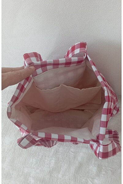 Mufincollection Red White Plaid Linen Fabric Handmade Tote Bag