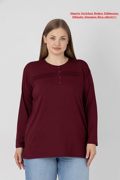 Orly More Viscose Fabric Mini Slit Plus Size Long Sleeve Mother Combed Cotton Blouse with Collar and Button Detail