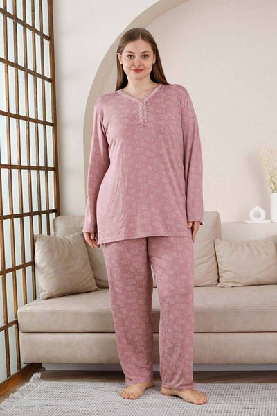ALİMER Plus Size Pajama Set - Dried Rose Flower Pattern Long Sleeve Lycra Viscose 2851Uyb