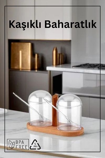 Espas Home 2-Piece Spice Jar Set with Spoon and Transparent Lid and Wooden Stand