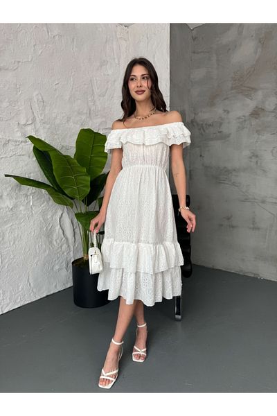 Elif Özbey Butik Λευκό βολάν με λεπτομέρεια φόρεμα