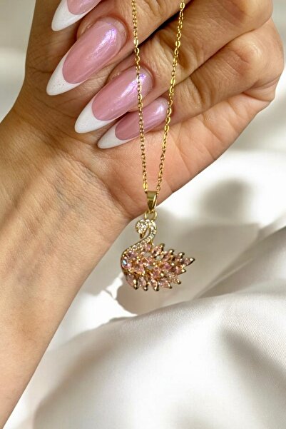 Elifsu Jewelry Kuğu Gümüş Renkli Zirkon Taşlı Çelik Kolye