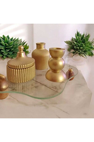 lambader Minimal Dekoratif Biblo Set Vazo Şamdan Mumluk Gold
