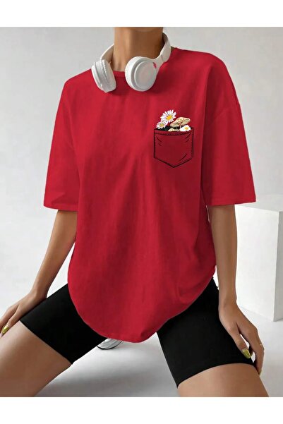 stg spor toptan giyim Γυναικείο μπλουζάκι με κόκκινο λουλούδι τσέπης με τύπωμ...