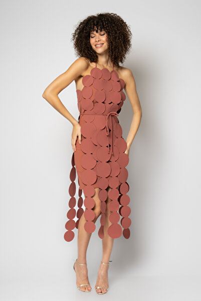 RENGIN Daire şerit saçaklı krep abiye elbise