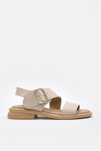 NILUFARR Petra Beige Women's Sandals - Genuine Leather and Gold Buckle Detail