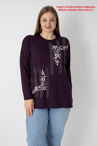 Orly More Viscose Fabric Mini Slit Plus Size Long Sleeve Mother Combed Cotton Blouse with Collar and Print Detail