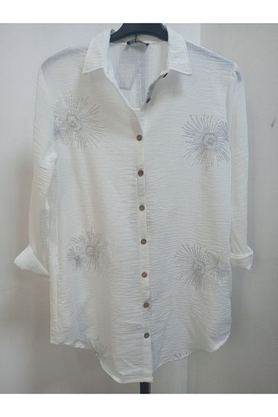 AKŞEN GİYİM Plus Size 100% Cotton Silvery Embroidered Shirt Collar Side Pocket 85 cm Tunic