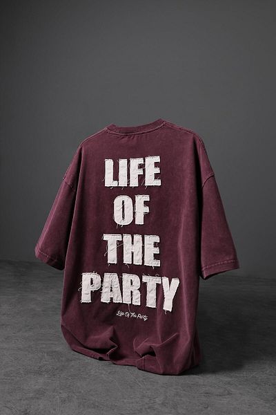 Slatra Ανδρικό μπλουζάκι μπορντό Life Of The Party Απλικέ Βρώμικο Κέντημα Washed Oversize Tshirt