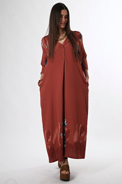 ABBRA Women's Pocket Detailed Collar 3 Button Summer Maxi Dress