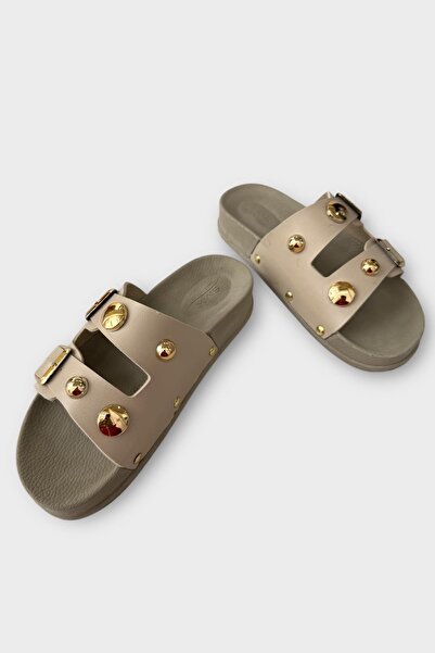 Liger Women's Double Banded Buckle Detailed Daily Comfort Slippers Cream