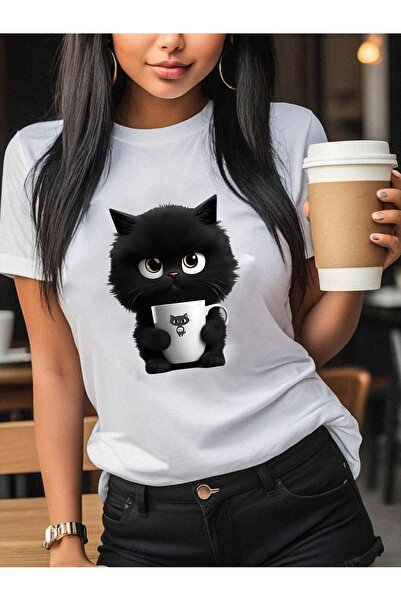 OVER HEAD Ženska bela kafa mačka Štampano Oversize kroj T-shirt