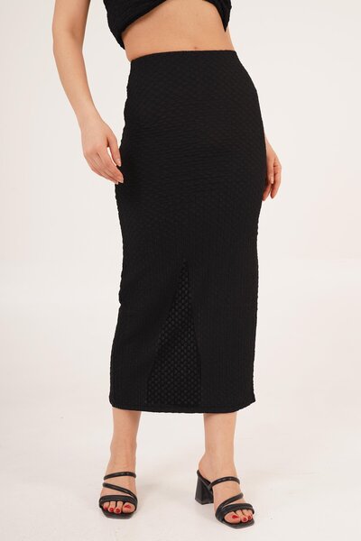 Hipo Trend Fusta neagră Seersucker cu detaliu cu fantă pe spate