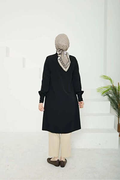 Armine Trend 2025 İlkbahar Yaz Basic Yaka Detaylı Fularlı Gizli Düğmeli İpek Krep Tunik