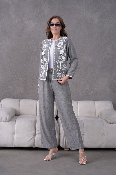 Miss Allos Women's Front Embroidered Rose Flower and Stone Detailed Linen Jacket and Trousers Bottom Top Set